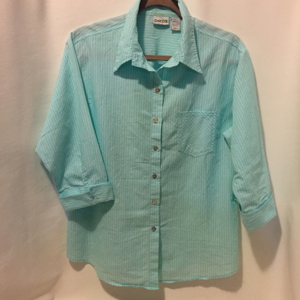 CHICO's 3/4-SLEEVE SHIRT IN BLUE W/WHITE STRIPES